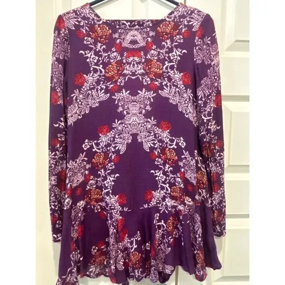 Free People Purple Floral Peplum Ruffled Open Back Mini Dress XS  Boho Romantic - Picture 2 of 8